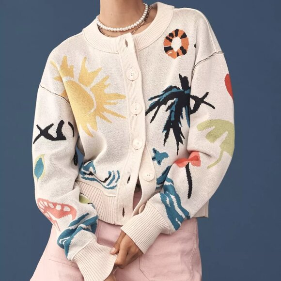 Anthropologie Maeve The Sutton Cardigan Sweater Palm Sun Ocean Graphic L NWT - Picture 1 of 6